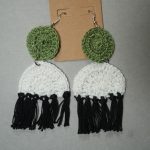 white green earrings crochet style with black tassels