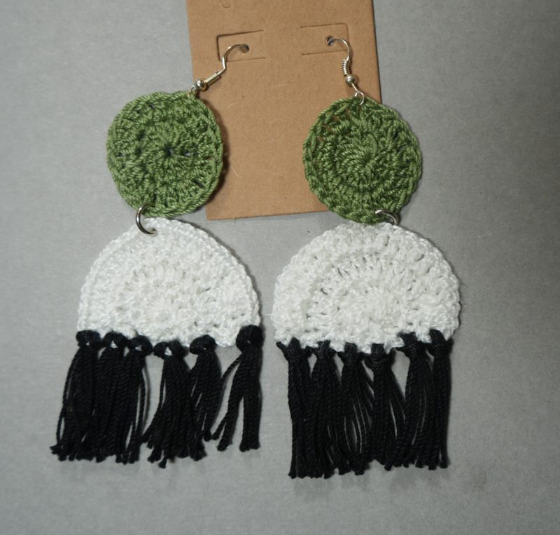 white green earrings crochet style with black tassels